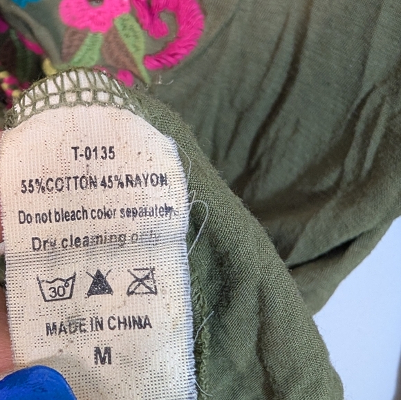 Have Olive Green Embroidery V Neck Long Sleeve Rayon Cotton Tee Shirt - Picture 5 of 11